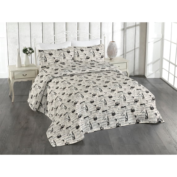 Ambesonne London Quilted Bedspread Set 3 Pcs, Vintage Lettering Big Ben, Queen, Eggshell Charcoal Grey
