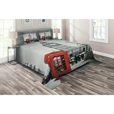 Ambesonne London Quilted Coverlet 2 Pcs, Telephone Booth Big Ben, Twin Size, Red Grey