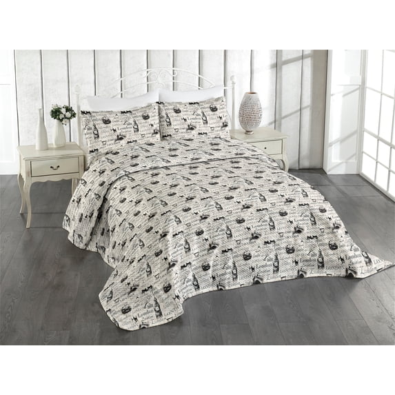 Ambesonne London Quilted Coverlet 3 Pcs, Vintage Lettering Big Ben, Queen Size, Eggshell Charcoal Grey