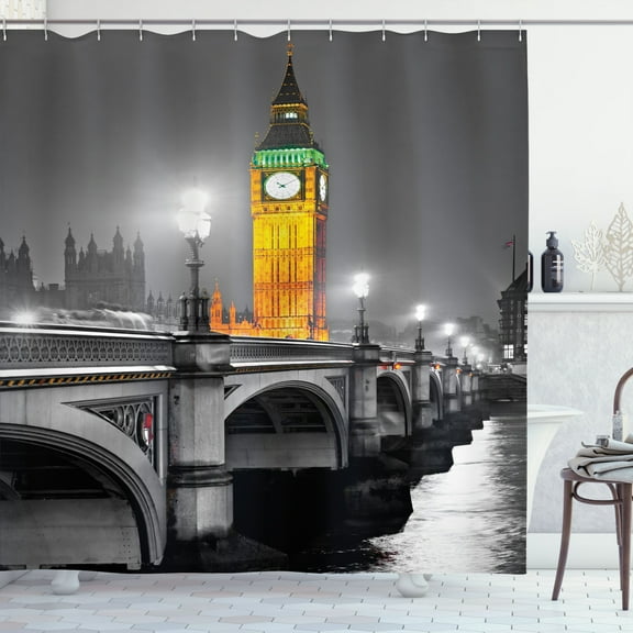 Ambesonne London Shower Curtain, Big Ben Bridge Night, 69"Wx70"L, Grey Yellow