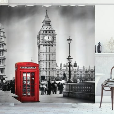 Ambesonne London Shower Curtain, Telephone Booth Big Ben, 69"Wx84"L, Red Grey