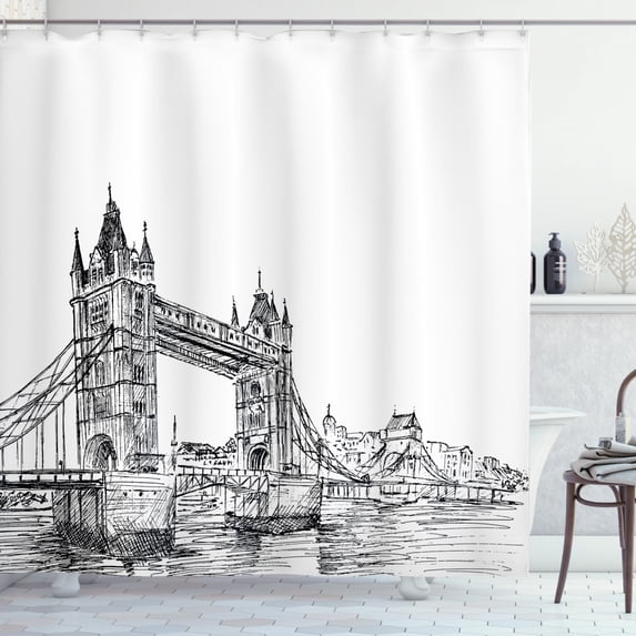 Ambesonne London Shower Curtain, Tower Bridge UK Scenery, 69"Wx75"L, Black White