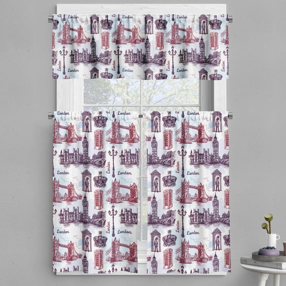 Ambesonne London Valance & Curtain, City Landmarks Sketch, 55"x45", Pale Blue Eggplant