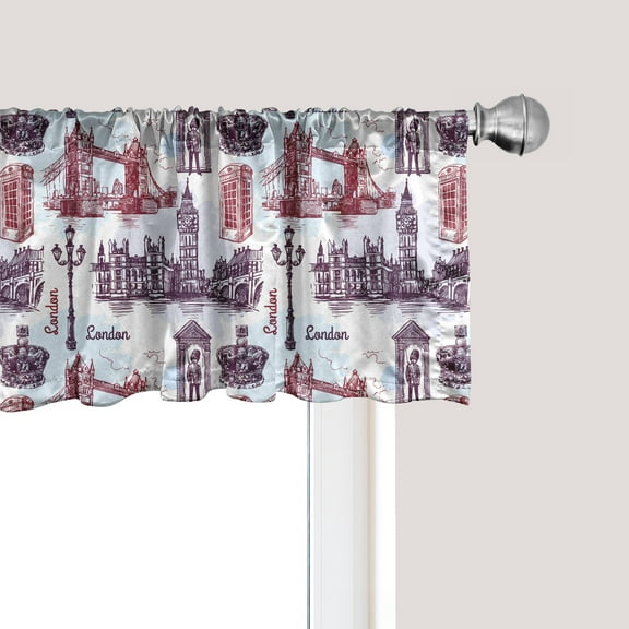 Ambesonne London Window Valance, City Landmarks Sketch, 54" X 12", Pale Blue Eggplant