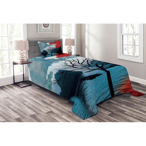 Ambesonne Lonely Tree Quilted Bedspread Set 2 Pcs, Idyllic Nature, Twin Size, Vermilion Blue