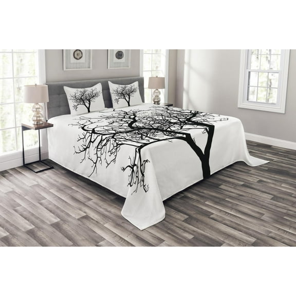 Ambesonne Lonely Tree Quilted Bedspread Set 3 Pcs, Barren Branch Fall, Queen Size, Black and White