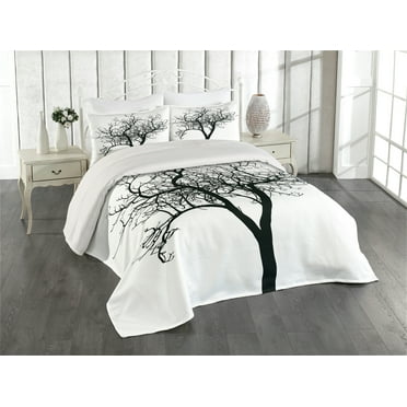 Ambesonne Lonely Tree Quilted Coverlet 3 Pcs, Barren Branch Fall, Queen Size, Black and White