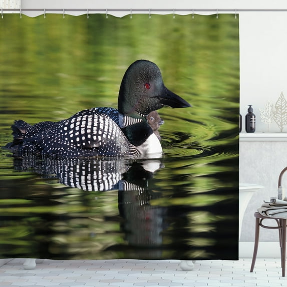 Ambesonne Loon Shower Curtain, Seabird in Lake Outdoor Scene, 69"Wx84"L, Green Dark Grey