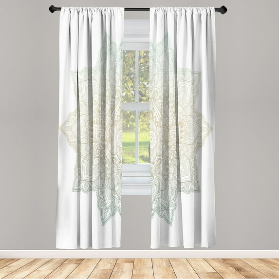 Ambesonne Lotus Curtains, Boho Mandala Oriental Pattern, Pair of 28"x63", Dust Coconut