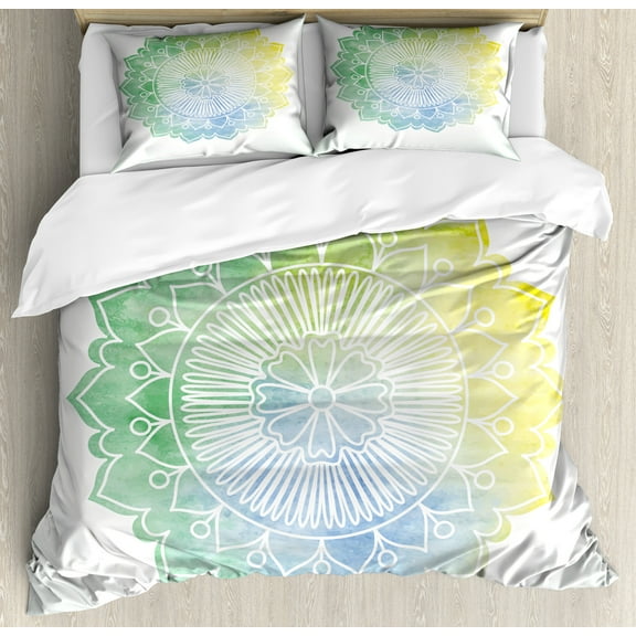 Ambesonne Lotus Duvet Cover Set, Doodle Watercolor Flora, King, Jade Green Pale Blue