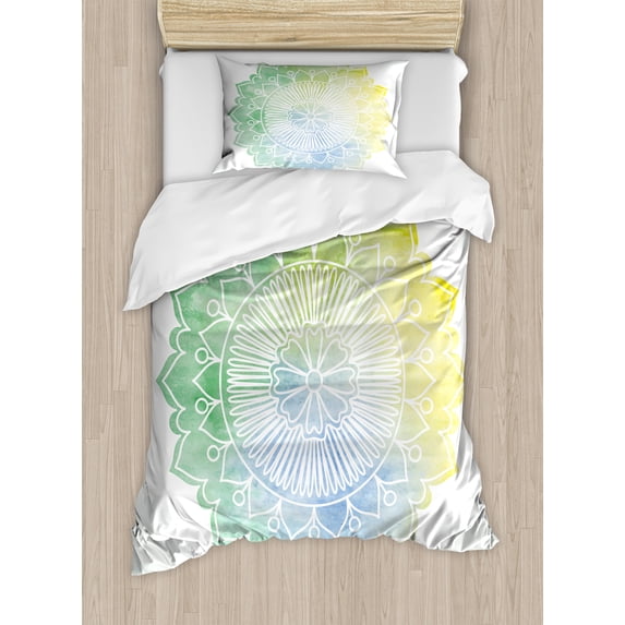 Ambesonne Lotus Duvet Cover Set, Doodle Watercolor Flora, Twin, Jade Green Pale Blue