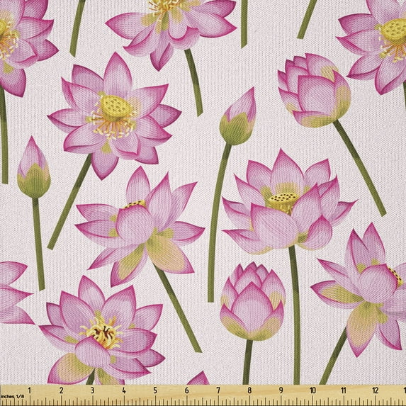 Ambesonne Lotus Fabric by the Yard Microfiber, Blossoming Spring Flower, 10 Yards, Fern Green Yellow