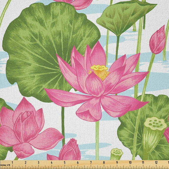 Ambesonne Lotus Fabric by the Yard Microfiber, Japanese Nature Scene, 2 Yards, Fern Green Pale Blue