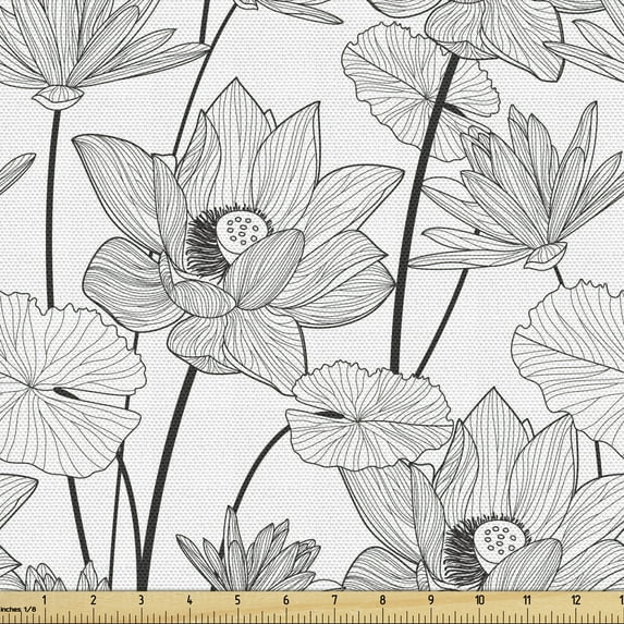 Ambesonne Lotus Fabric by the Yard Upholstery, Prosperity, 3 Yards, Black White