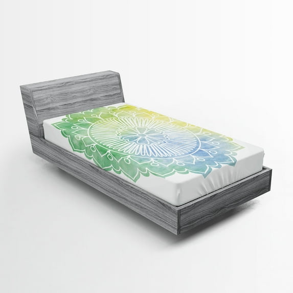 Ambesonne Lotus Fitted Sheet, Doodle Watercolor Flora, Twin XL Size, Jade Green Pale Blue