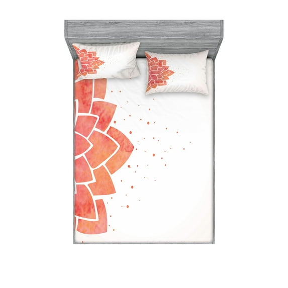Ambesonne Lotus Fitted Sheet & Pillow Sham Set, Aquarelle Half Flower Art, Full, Coral Pale Peach