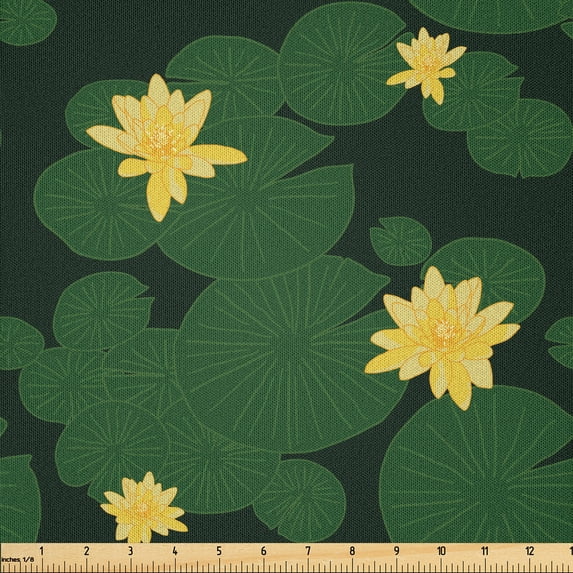 Ambesonne Lotus Flower Fabric by the Yard Microfiber, Purity, 2 Yards, Emerald Yellow