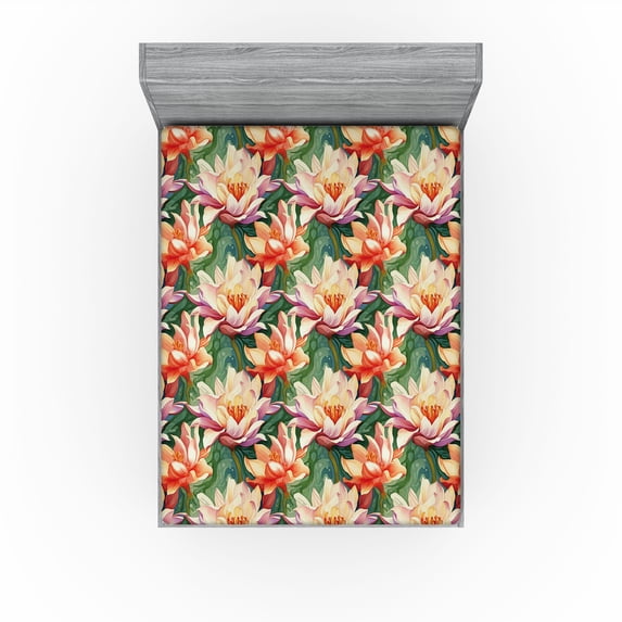Ambesonne Lotus Flower Fitted Sheet, Water Lily Bloom Art, King Size, Burnt Sienna and Pale Purple