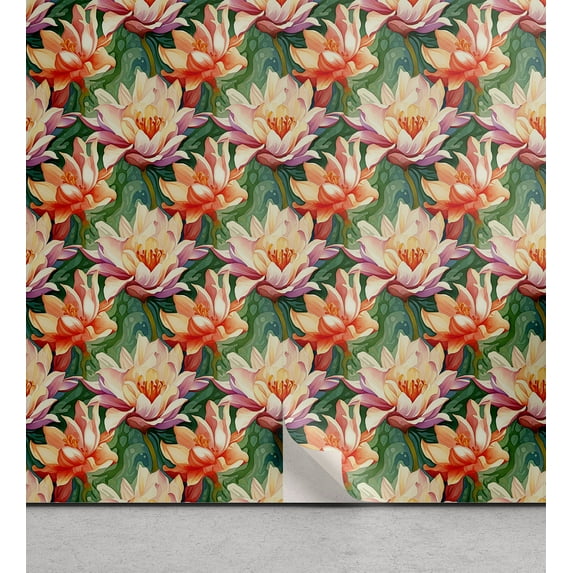 Ambesonne Lotus Flower Peel & Stick Wallpaper for Home, Water Lily Bloom Art, 13"x100", Burnt Sienna and Pale Purple