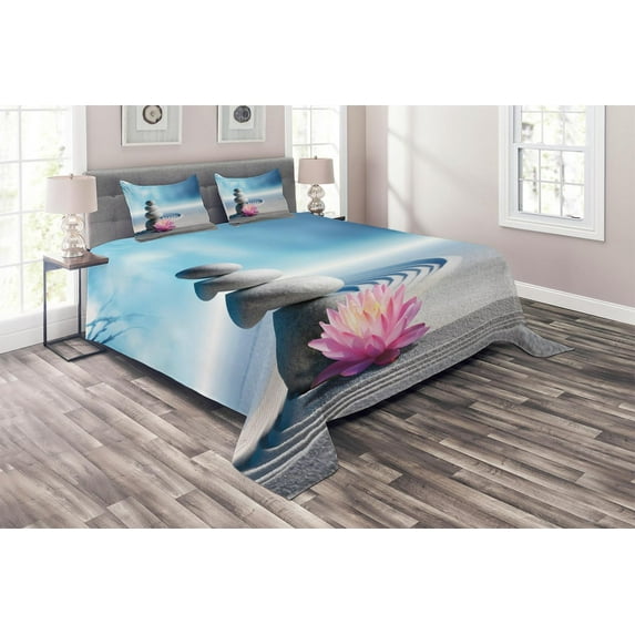 Ambesonne Lotus Flower Quilted Coverlet 3 Pcs, Harmony, Queen Size, Grey Blue Pink