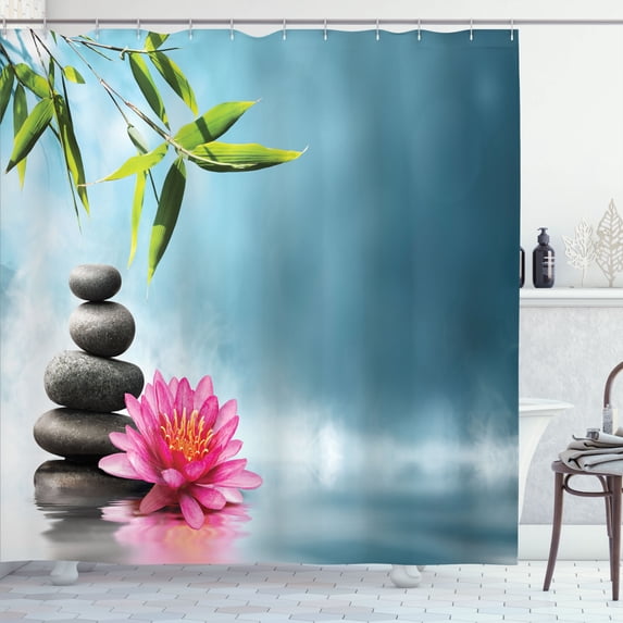 Ambesonne Lotus Flower Shower Curtain, Spa Theme Rocks, 69"Wx75"L, Blue Pink Green