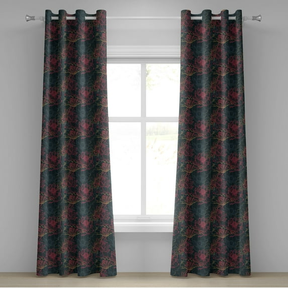 Ambesonne Lotus Grommet Curtain, Concept of Flowers of Asia, 50" x 84", Dark Coral Slate Blue