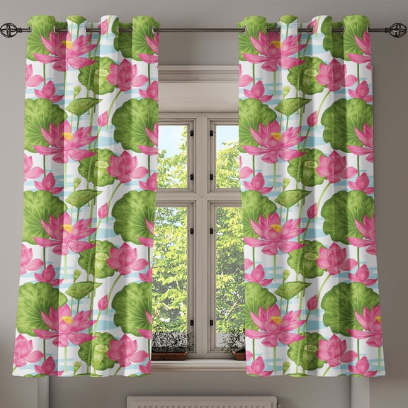 Ambesonne Lotus Grommet Curtain, Japanese Nature Scene, 50" x 63", Fern Green Pale Blue