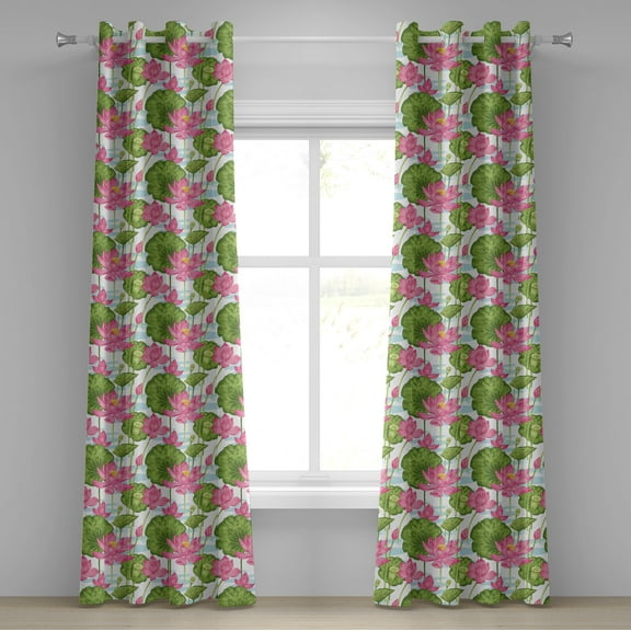 Ambesonne Lotus Grommet Curtain, Japanese Nature Scene, 50" x 96", Fern Green Pale Blue