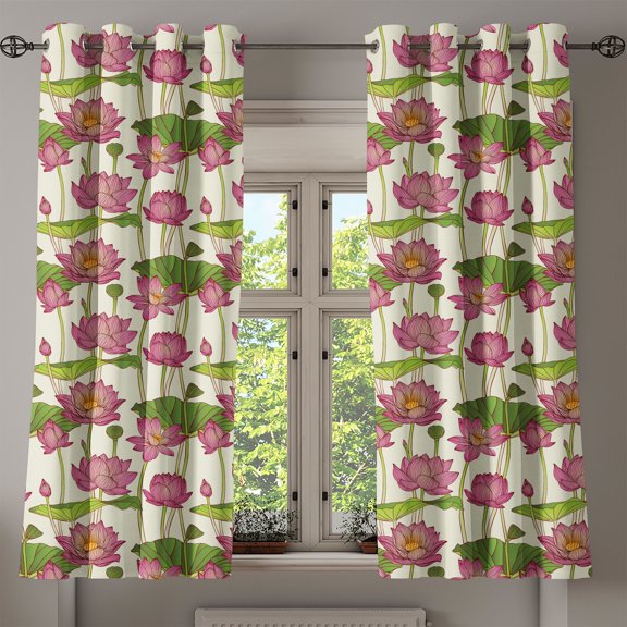 Ambesonne Lotus Grommet Curtain, Pink Flowers, 50" x 63", Pink Ivory and Green