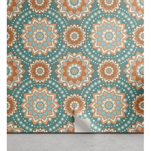 Ambesonne Lotus Peel & Stick Wallpaper for Home, Oriental Mandala Pattern, 13"x72", Pale Blue Beige Peach