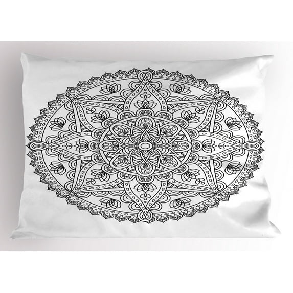 Ambesonne Lotus Pillow Sham, Round Boho Motif Design, 26" X 20", Grey White