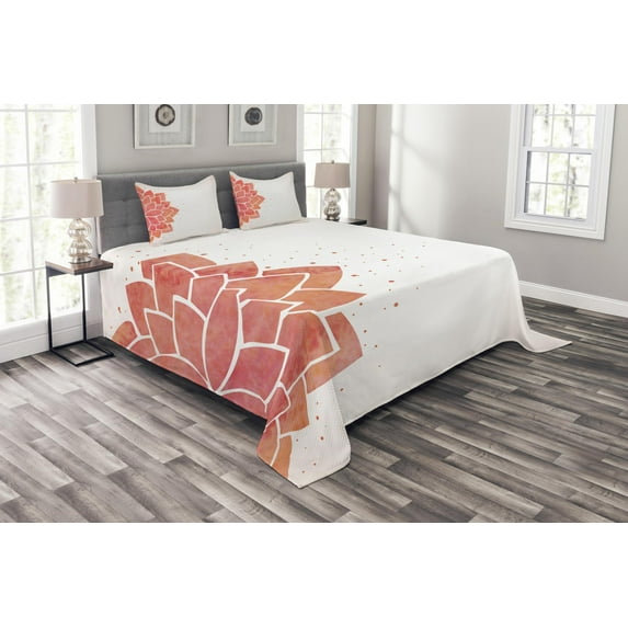Ambesonne Lotus Quilted Bedspread Set 3 Pcs, Aquarelle Half Flower Art, Queen Size, Coral Pale Peach