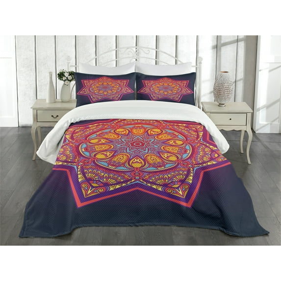 Ambesonne Lotus Quilted Bedspread Set 3 Pcs, Geometric Tibetan Mandala, Queen Size, Multicolor