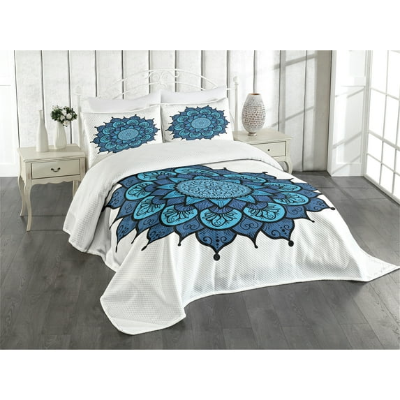 Ambesonne Lotus Quilted Bedspread Set 3 Pcs, Vintage Folk Flower, Queen Size, Sky and Violet Blue