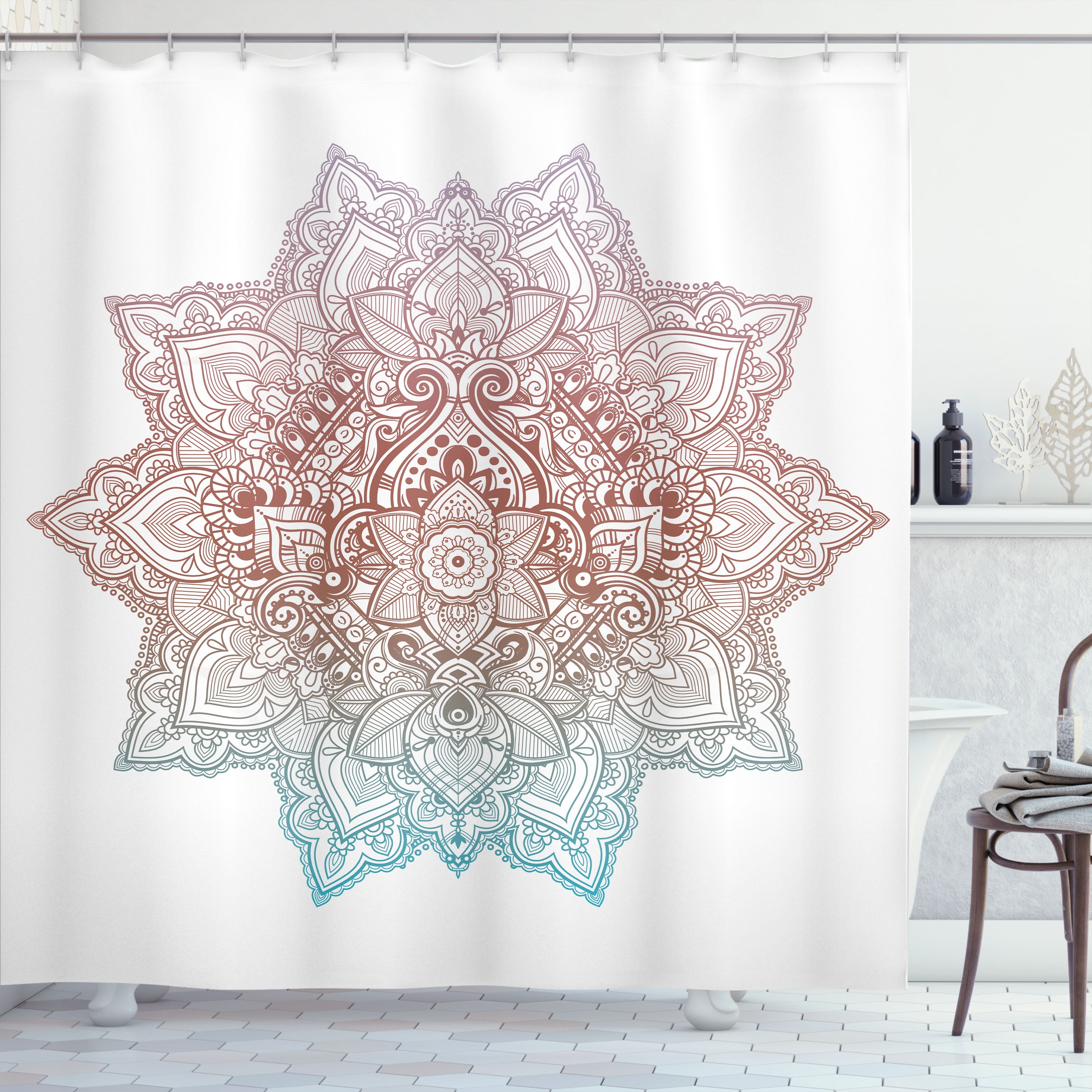 Trippy Mandala Lotus Shower Curtain – Boho Floral Design, Waterproof Polyester, 72"W X 84"L, Teal & Purple