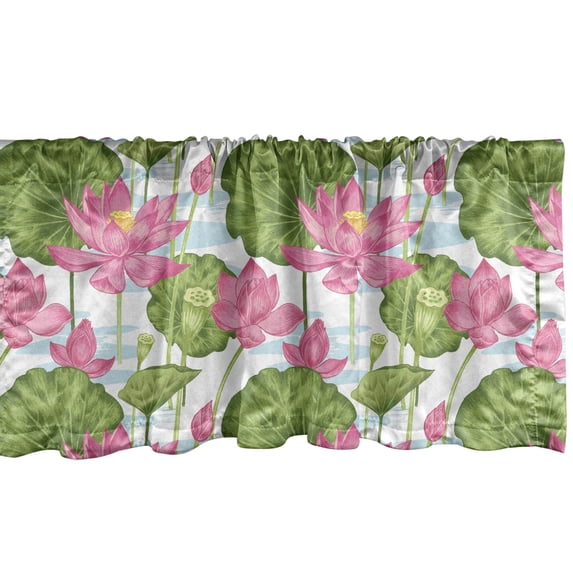 Ambesonne Lotus Window Valance, Watercolor Style Nature Scene from Japan Blooming Flowers Pastoral Art, Curtain Valance for Kitchen Bedroom Decor with Rod Pocket, 54" X 12", Fern Green Pale Blue