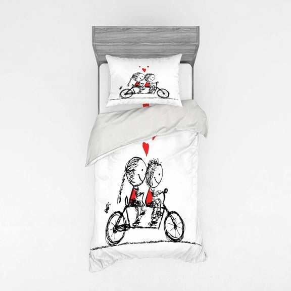 Ambesonne Love Bedding Set 3 Pcs, Couple Cycling Together, Twin XL, Black White Scarlet