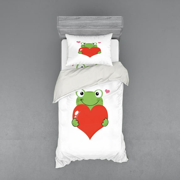 Ambesonne Love Bedding Set 3 Pcs, Funny Cartoon Frog, Twin XL, Lime Green Vermilion