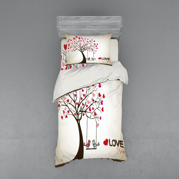 Ambesonne Love Bedding Set 3 Pcs, Heart Tree Birds on Swing, Twin XL, Multicolor