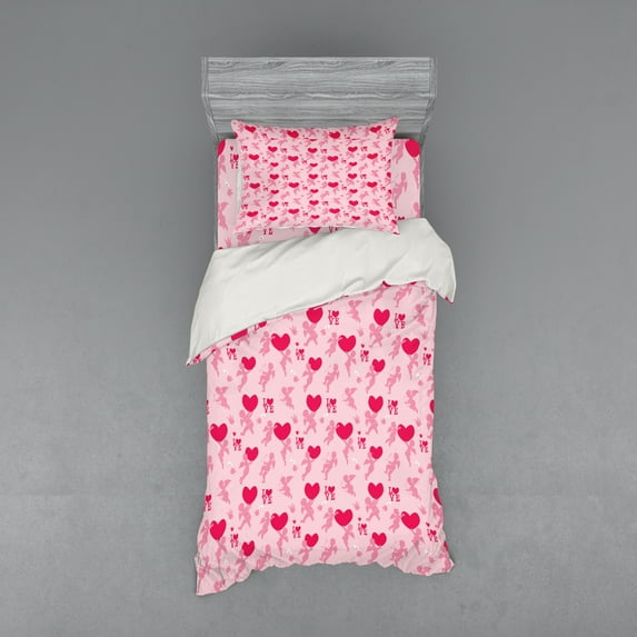 Ambesonne Love Bedding Set 3 Pcs, Pinkish Silhouettes of Heart, Twin, Pink Rose