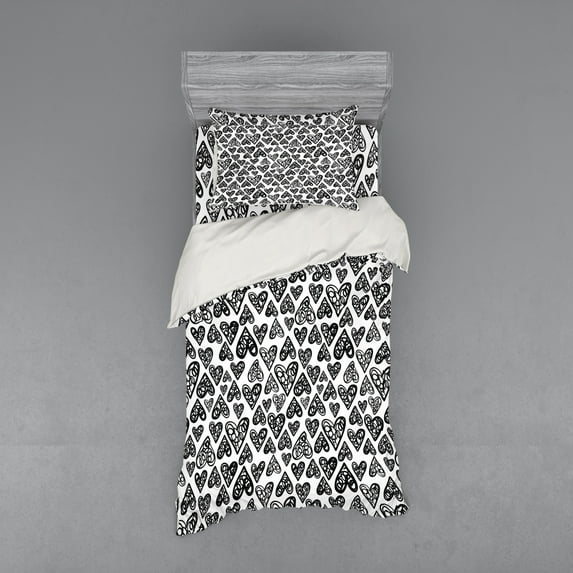 Ambesonne Love Bedding Set 3 Pcs, Romantic Hearts Pattern, Twin XL, Black White