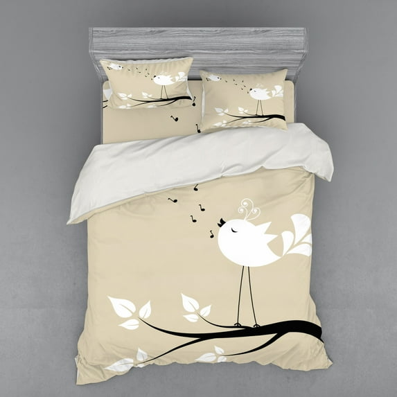 Ambesonne Love Bedding Set 4 Pcs, 2 Birds on a Branch, Queen, Cream Black White