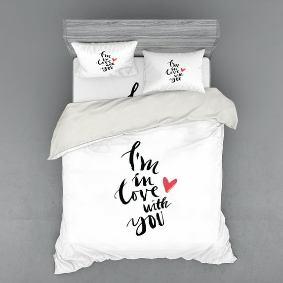 Ambesonne Love Bedding Set 4 Pcs, Brush Stroke Effect Words, Queen, Dark Coral Black White