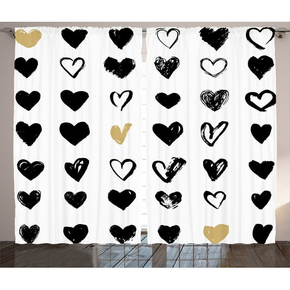 Ambesonne Love Curtains 2 Panel Set, Small Heart Hipster, 108" x 84", Tan Black White