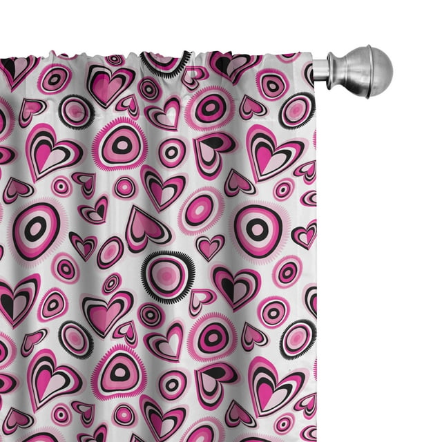 Ambesonne Love Curtains, Pink Hearts and Circles, Pair of 28"x63", Pink Black White