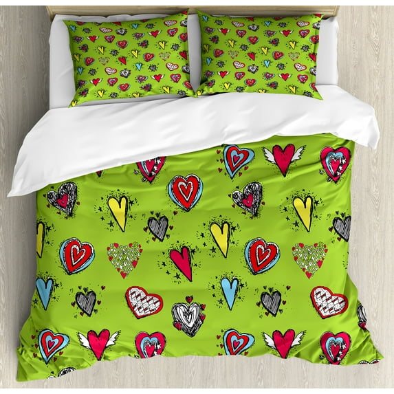 Ambesonne Love Duvet Cover Set, Hand Drawn Hearts Sketch, 2-Calking, Avocado Green and Red