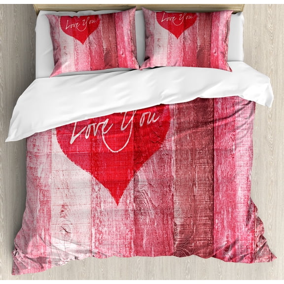 Ambesonne Love Duvet Cover Set, Heart on Wooden Board, 2-Calking, Red Pink