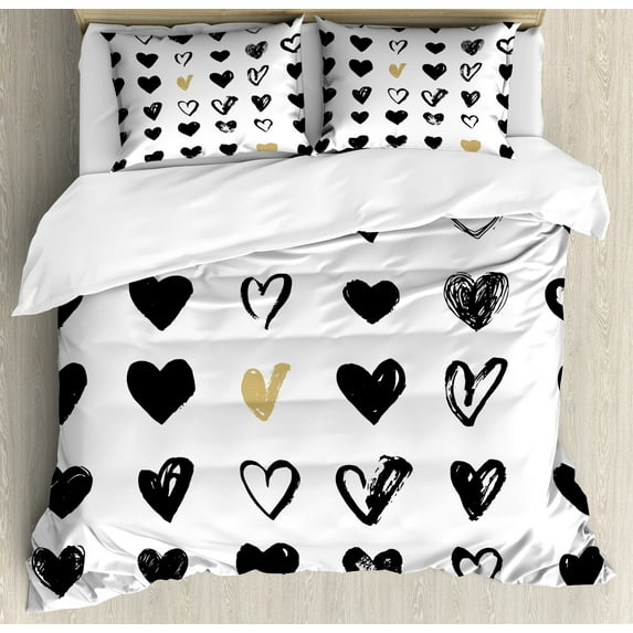 Ambesonne Love Duvet Cover Set, Small Heart Hipster, 2-Calking, Tan Black White