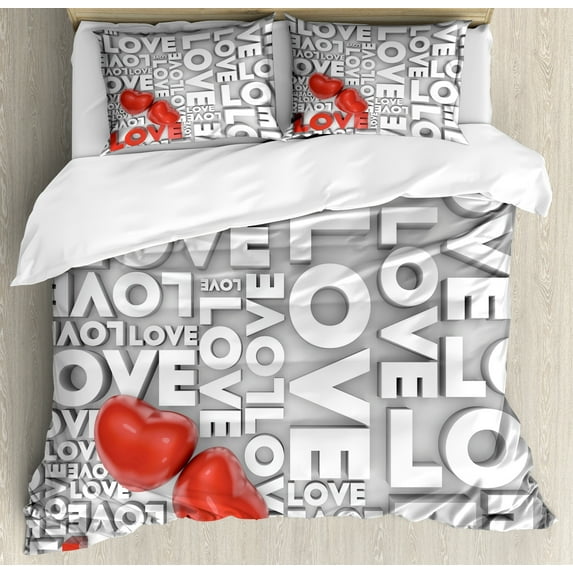 Ambesonne Love Duvet Cover Sets, Valentines Romance Art, 2-King, Grey Red White