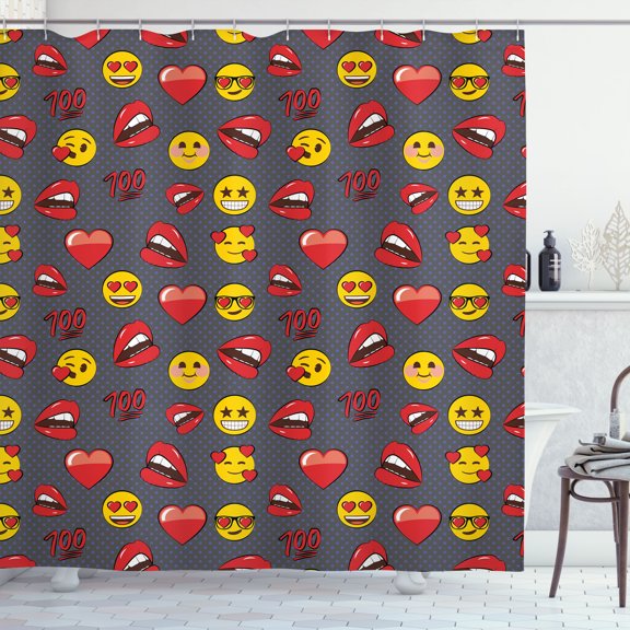 Ambesonne Love Emoji Shower Curtain, Faces Lips 100 Writings, 69"Wx70"L, Dark Coral Grey Mustard